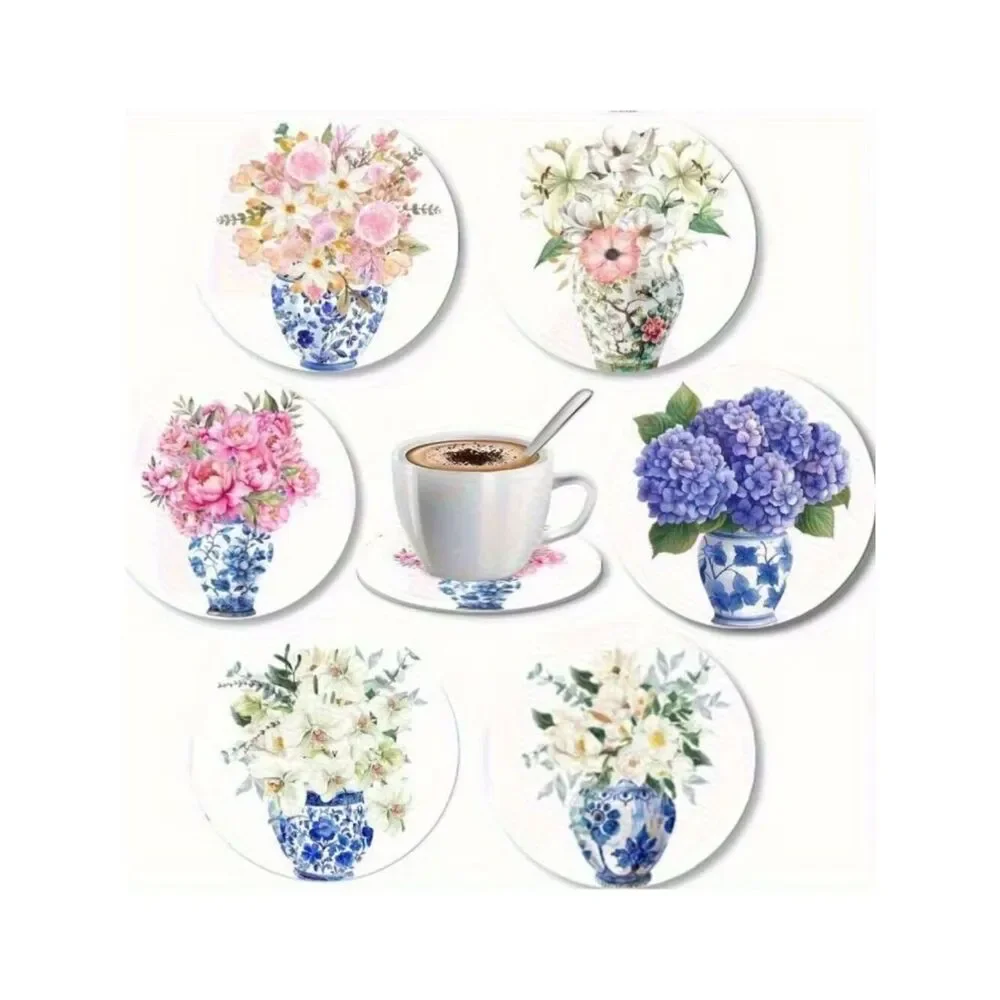 NWT 6pc Chinoiserie Blue White Floral Acrylic Coasters Non-Slip Cork Base